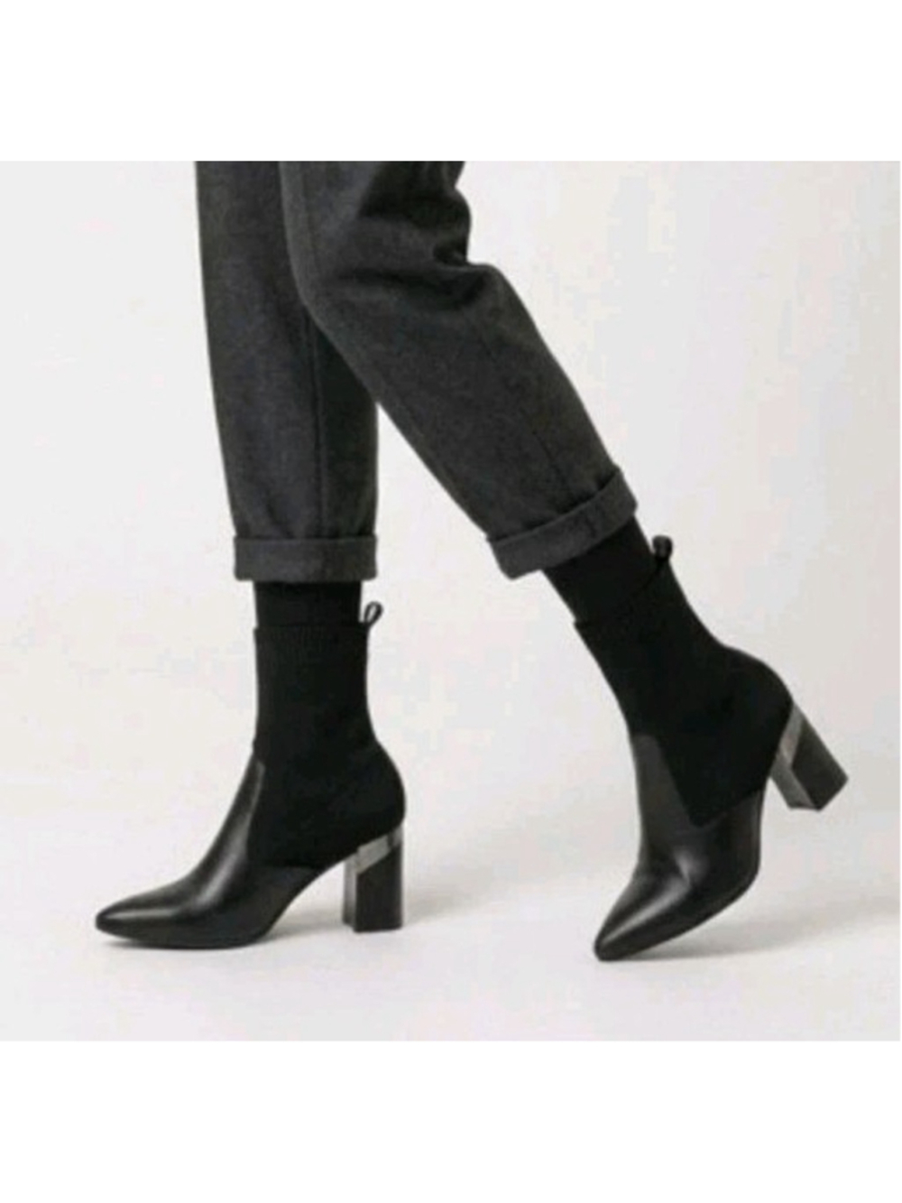 Hispanitas Black Sock Knit Leather Ankle Boots Block Heel Pointed Toe EU37 US6.5